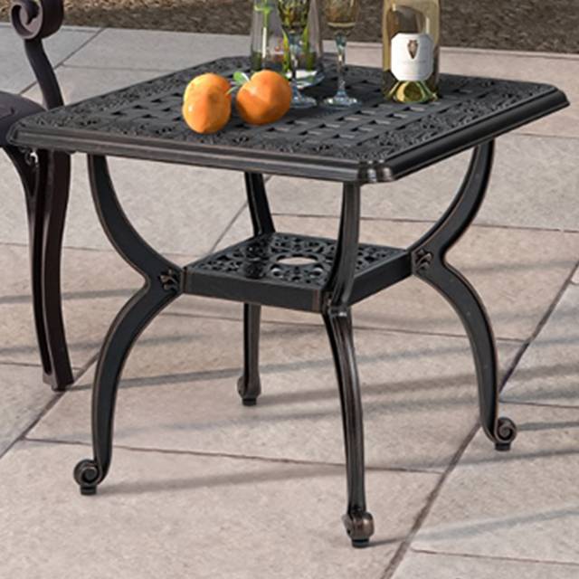 53 cm Cast Aluminum Outdoor Side Table with Hollow-carved Floral Pattern for Garden Porch-Rustic Brown