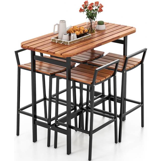 5 Piece Acacia Wood Bar Table Set with Metal Frame and Footrest