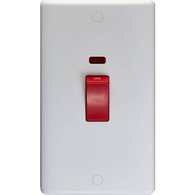 2 Gang Double Vertical 45A DP Cooker Switch & Neon WHITE PLASTIC Oven Appliance