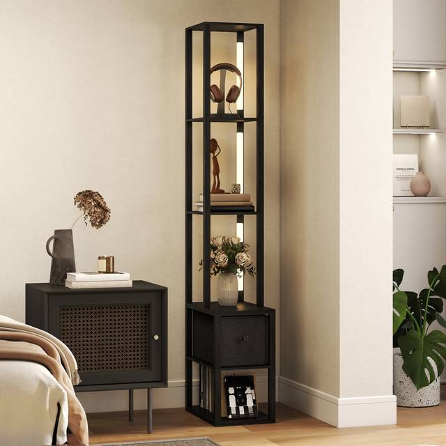 (Black) HOMCOM Floor Lamp with Shelves, LED Standing Lamp with Fabric Drawer