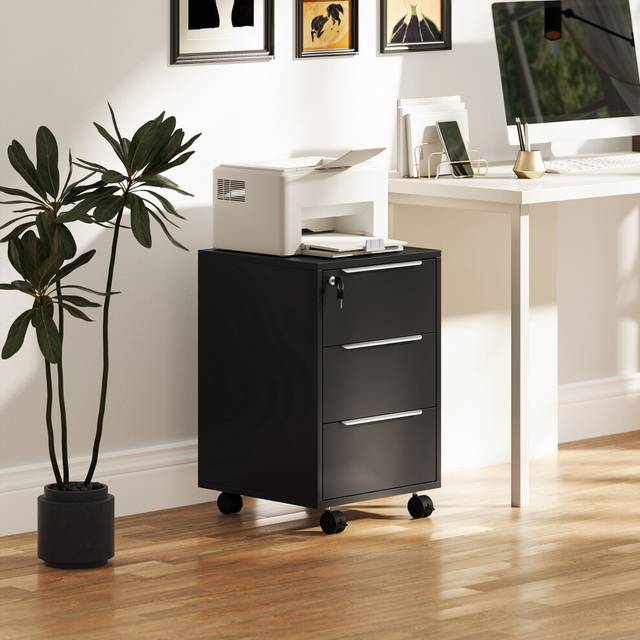 (Black) HOMCOM Modern 3-Drawer Locking File Cabinet Mobile Filing Cabinet