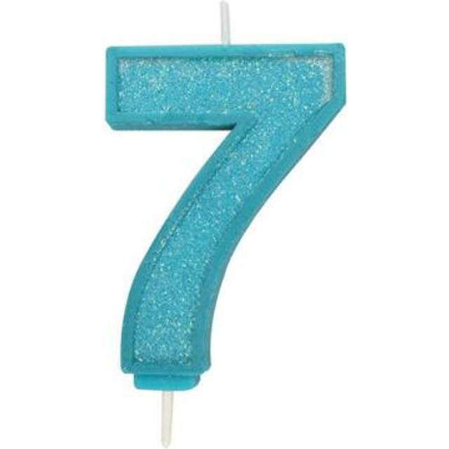 Birthday cake candle blue sparkle number numeral 7 70mm party celebration topper