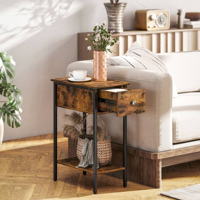 HOMCOM Industrial Slim End Table Nightstand for Small Spaces Rustic Brown