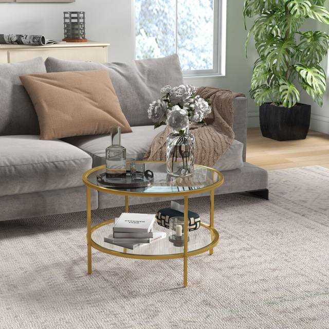 HOMCOM Round Coffee Table with Storage Shelf and Tempered Glass Top Gold