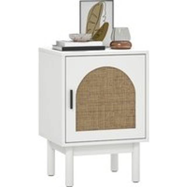 HOMCOM Boho Bedside Table with Rattan Door and Adjustable Shelf, White, White