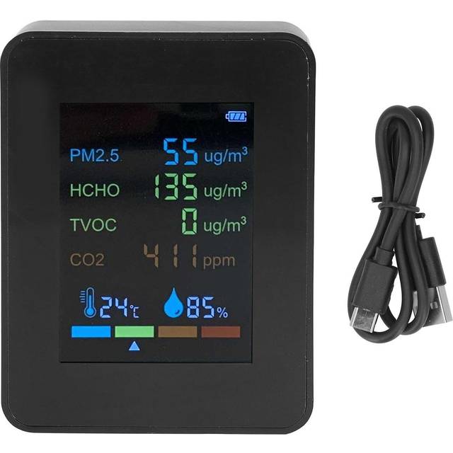 Multifunctional 6 in 1 CO2 Meter Air Quality Monitor Temperature PM2.5 TVOC HCHO Detector USB