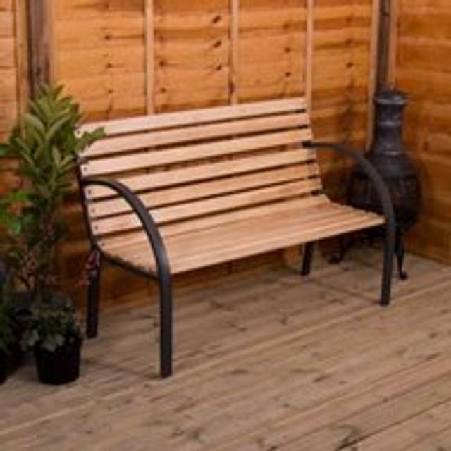 Slatted Garden Bench 3 Seater Outdoor Solid Wood & Steel