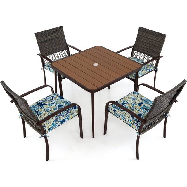 5 Pieces Patio Dining Set with 4 Cushioned Rattan Armchairs and Square Table