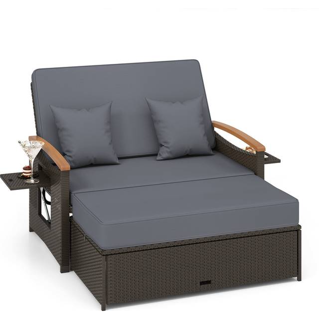 Costway 2 Seater Grey Rattan Woven Daybed with Storage Ottoman