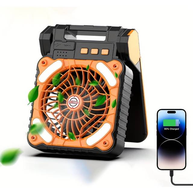 (Orange) Solar-Powered Camping Fan with LED Lights and Timer, Rechargeable USB Charging, Portable Emergency Light for Camping, Fishing, Patio Use