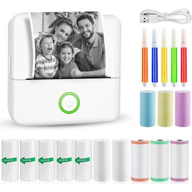 GuKKK Miniskrivare, mobil fotoskrivare, bärbar, trådlös termoskrivare, med 13 rullar skrivarpapper och 5 färgpennor, smartphone Bluetooth, för lista, dagbok