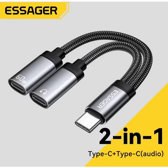Essager 2 in 1 Type C to 3.5mm AUX Cable Headphone Adapter PD 60W Fast Charging for iPhone 16 15 Samsung Xiaomi 14 13 Tablet PC Type C-Type C+3.5mm grey