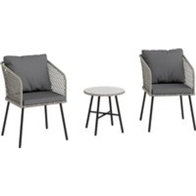 Outsunny 3 Piece Rattan Bistro Set With 2 Chairs, Tempered Glass Table, Cushions, Adjustable Foot Pads For Garden, Balcony, Grey