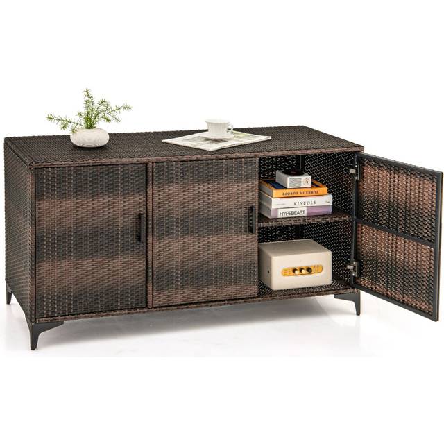 318 L Patio Wicker Storage Cabinet Deck Box w/Shelves-Coffee
