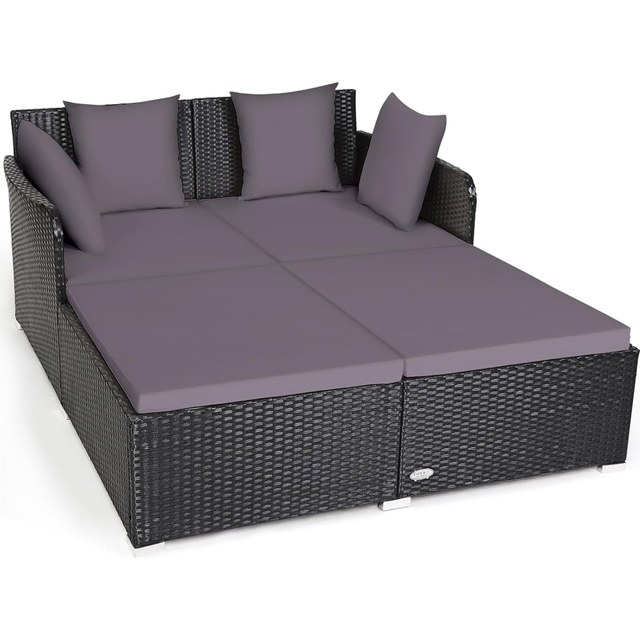 COSTWAY Outdoor Rattan Daybed, Patio Sofa Bed Sun Lounger Couch with Upholstered Cushions, Wicker Weave Loveseat Conver