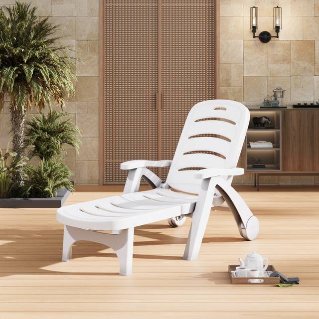 Plastic Foldable Outdoor Garden Sun Lounger Recliner with Wheels - White (Large)