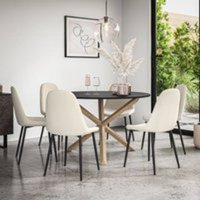 Malvern Round Black Dining Table Set w Oak Legs w 4-6 Maya Boucle Chair