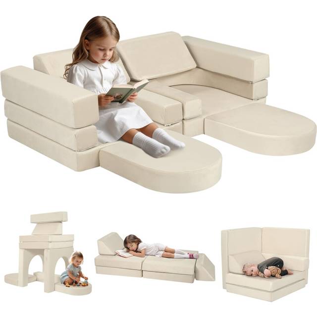 MeMoreCool 10-Pieces Kids Play Sofa Bed, Modular Toddler Chair Couch for Playroom, Fold Out Foam Couch for Girls Boys, Convertible Children Sectional