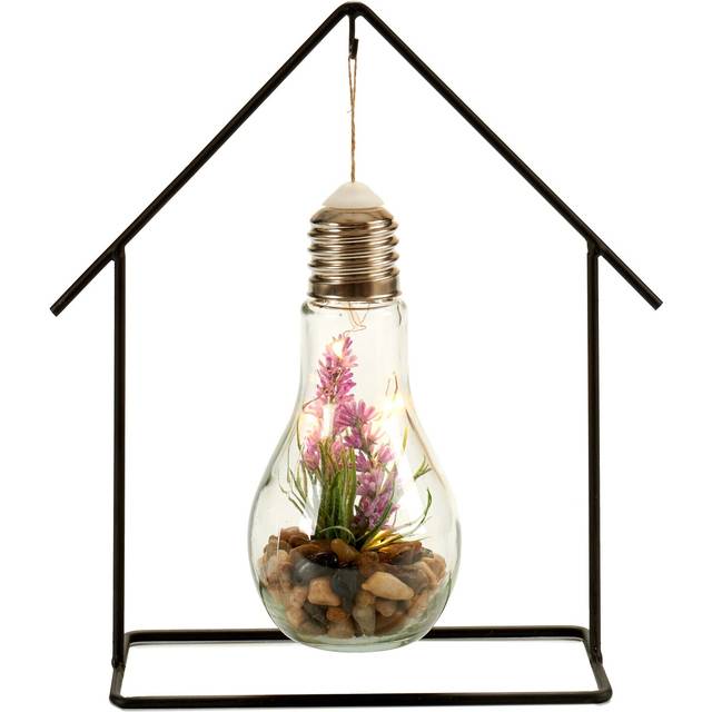 Artificial Plant In Hanging Glass Bulb Lavender Plant & Pebbles With Metal Frame