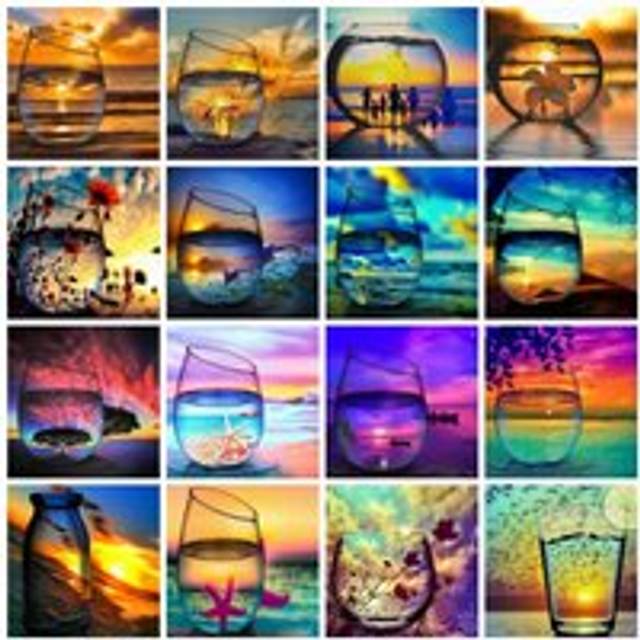 5D DIY Diamond Painting Sunset Wine Glass Bottle Kits For Cross Stitch Diamond Embroidery Landscape Seaside Handmade Gift Full Square 30x30CM light blue