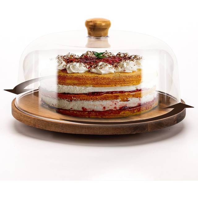NWK Rotating Cake Stand with Acrylic Dome Lid 11 Inch Acacia Wooden Cake Display Stand Turntable with Clear 282(?) x 115(H) mm Cover for Birthday,