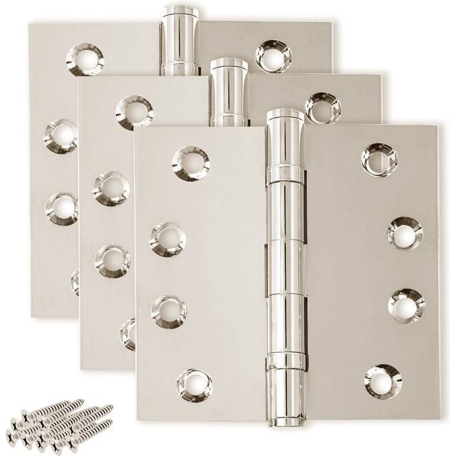 Finsbury Hardware Solid Brass Door Hinge Heavy Duty Ball Bearing Shiny Silver 4x4 Inch - Set of 3 Hinges (Polished Nickel)