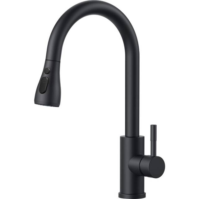 FORIOUS Kitchen Sink Taps Mixer with Pull Out Spray, Swivel Single Handle High Arc Pull Down Stainless Steel Kitchen Faucet, Matte Black