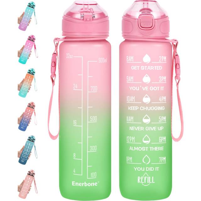 Enerbone 32 oz Water Bottle with Times to Drink and Straw  Motivational Drinking Water Bottles with Carrying Strap  Leakproof BPA & Toxic Free  Ensure