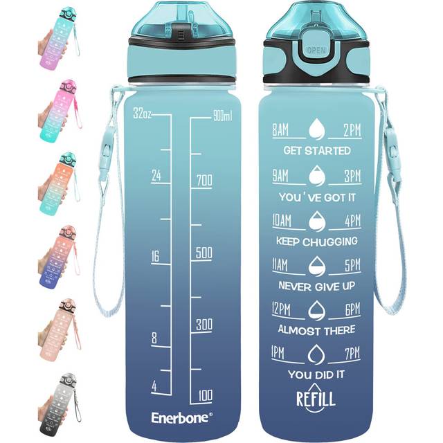 Enerbone 32 oz Water Bottle with Times to Drink and Straw  Motivational Drinking Water Bottles with Carrying Strap  Leakproof BPA & Toxic Free  Ensure