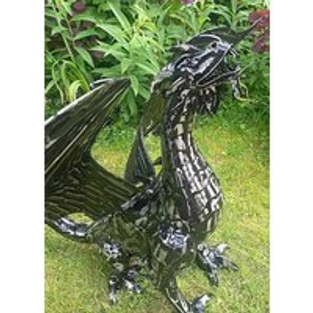 Mystical Dragon Garden Ornament Sculpture in Platework Metal - Black - One Size
