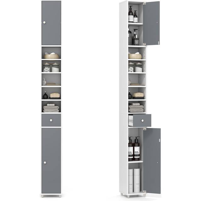 Costway 180CM Tall Freestanding Bathroom Cabinet with 2 Doors and 1 Drawer-Gray & White
