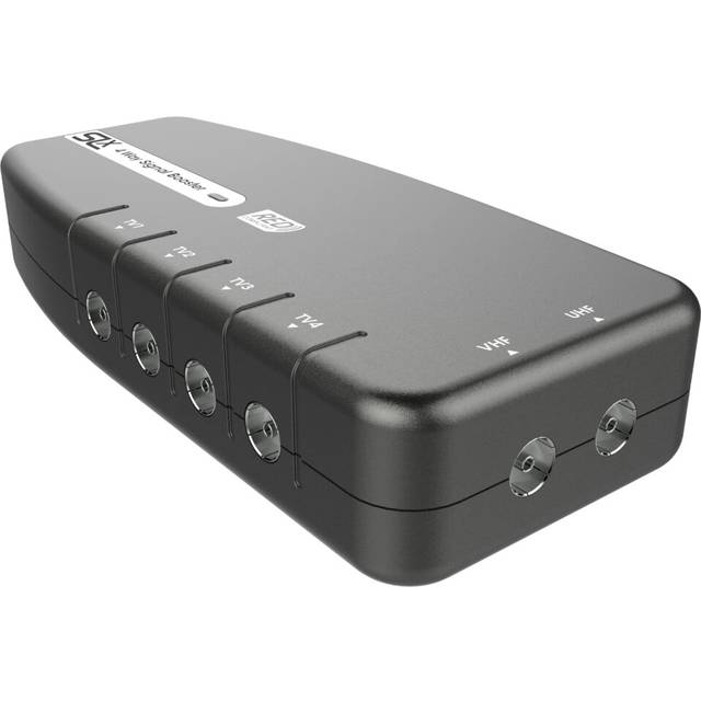 SLx TV Signal Booster Aerial Amplifier, 4 Way Signal Distribution Amplifier with Coax Connections, 4G & 5G Filtering, Indoor TV Aerial, HD & 4K