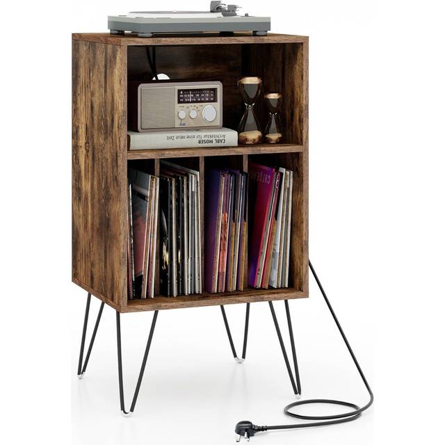 3-Tier Record Player Stand with Charging Station Shelf and 4 Dividers-Rustic Brown