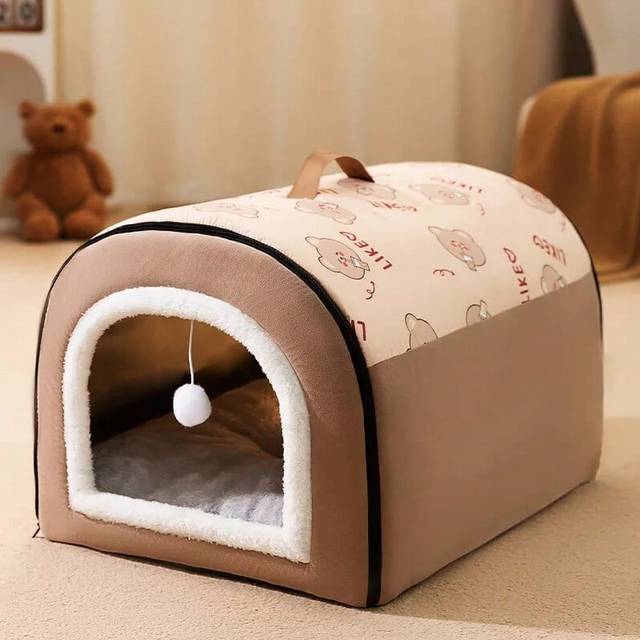 (Brown, XL-60x45x40cm) Warm Dog House Detachable Pet Sleeping Bed for Small Medium Dogs Cats Soft Non-slip Dog Kennel Puppy Kitten Nest Pet Supplies