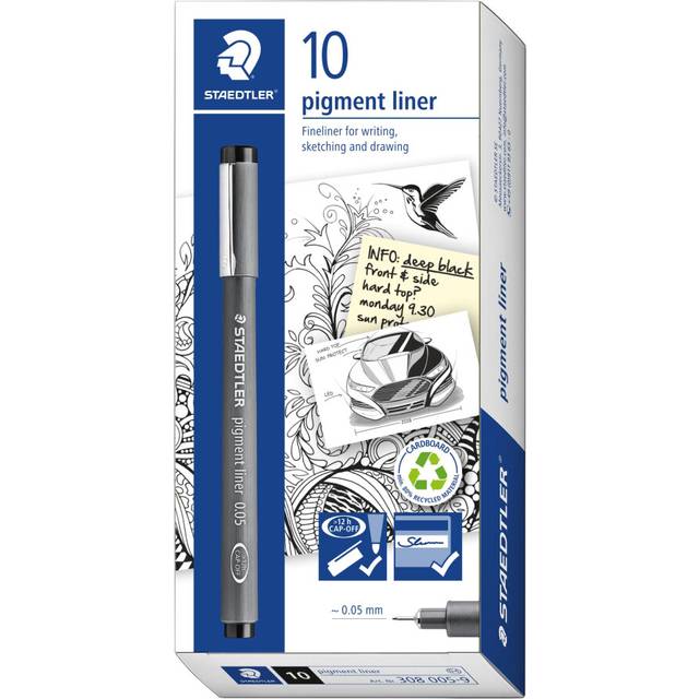 STAEDTLER 308 005-9 Pigment Liner Fineliner Pen for Writing & Technical Drawing - Black, 0.05mm (Box of 10)