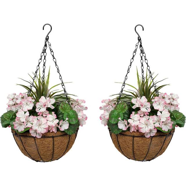 Greenbrokers Artificial Pink Geraniums Round Coir Hanging Basket (set Of 2), Pink