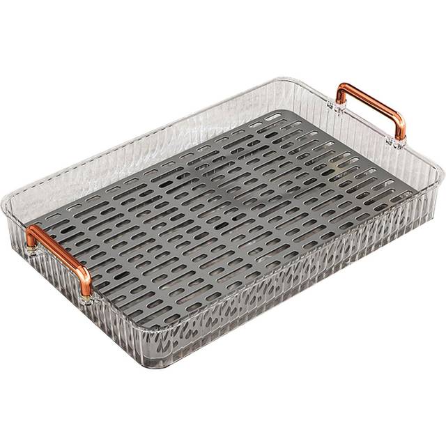 Tea Tray Build in Drainage Plastic Tray with Handles Rectangular Non Slip Tea Serving Tray for L White