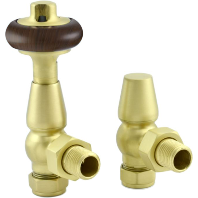 Brushed brass traditional chelsea thermostatic trv angled radiator valves