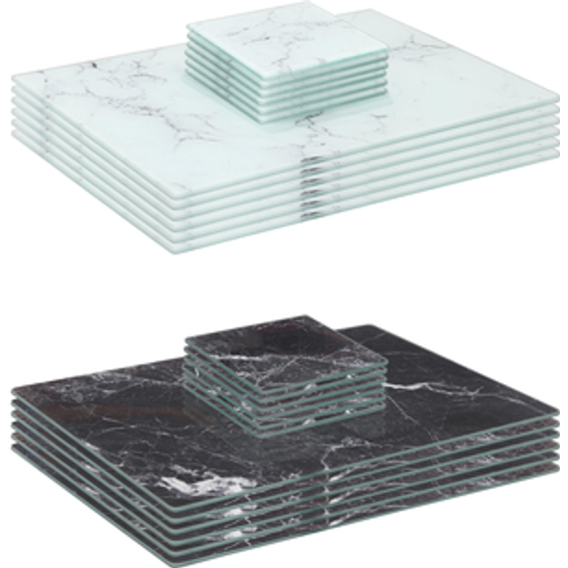 12pc Rectangle Glass Placemats & Square Coasters Set - 30cm x 20cm - Marble - Black Marble