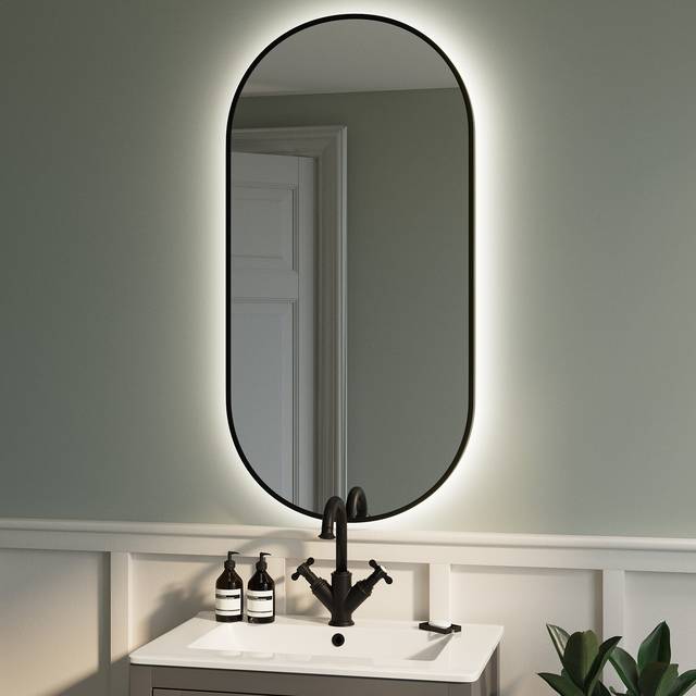 Oval Black Backlit Heated Bathroom Mirror with Lights 500 x 1000mm - Venus - Black