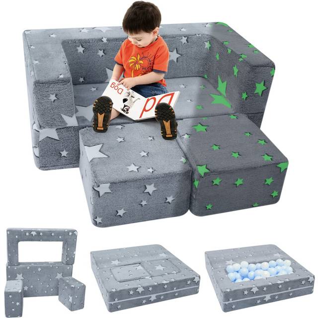 MeMoreCool Kids Sofa Bed, Modular Toddler Couch, Glow in The Dark Stars Kids Chair Lounger Fold Out, Baby Mini Couch Bedroom Furniture for Playroom,
