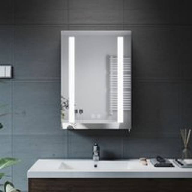 Elegant - Bathrrom Wall Cabinet Illuminated led Mirror Shaver Socket Demister Pad Sensor 500x700mm Black Cabinet Cupboard with Adjustable Glass