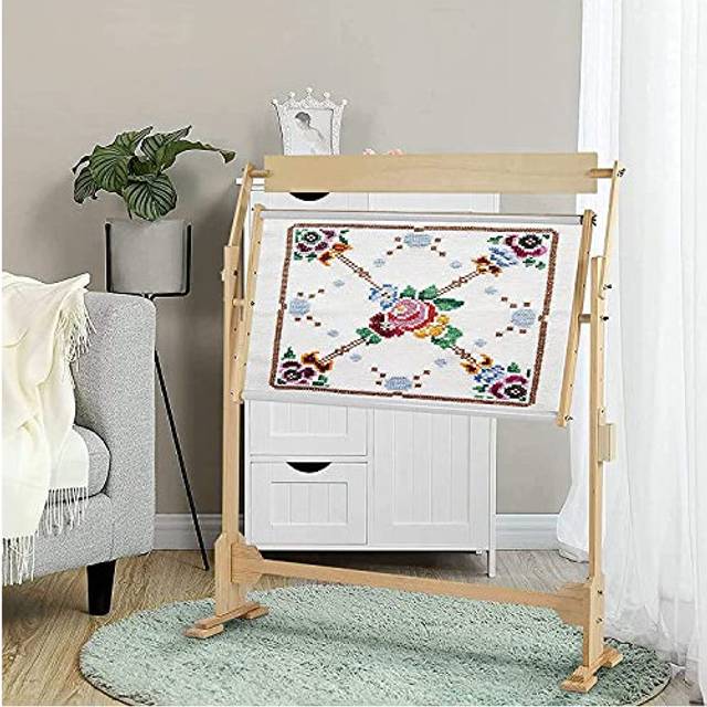 Cross Embroidery Frame, 360 Degrees Rotatable Embroidery Stand Wooden Floor Tabletop Tapestry Frame, 5 Adjustable Height Level, Embroidery Needlework
