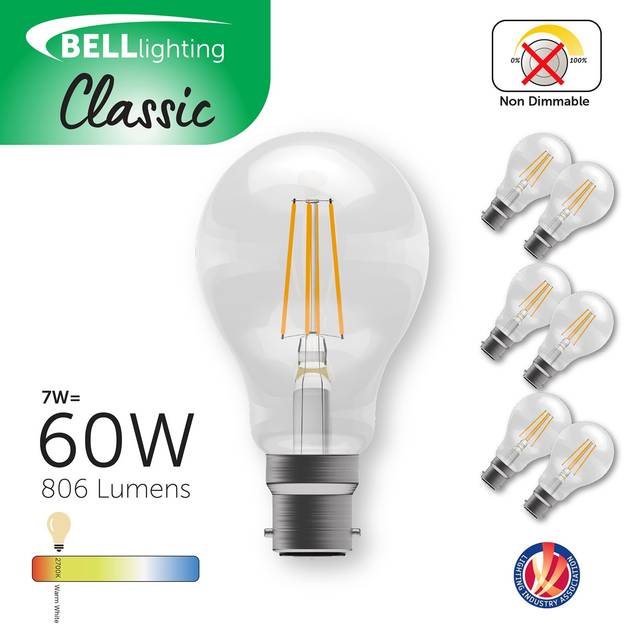 BELL Lighting B22 LED Light Bulb Warm White 7W 810lm Bayonet Cap for Home Lighting | Size: Pack of 3