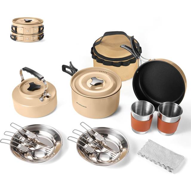 Odoland Camping Cookware Set Non-Stick Pot and Pan Set with Kettle, Stainless Steel Utensils Mess Kit, Cups Plates Knives Spoons Forks for Outdoor