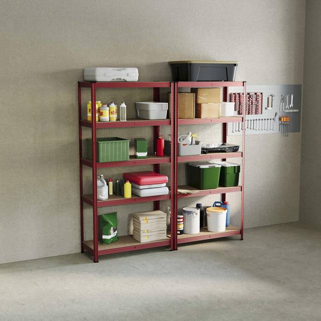 (Red, 2 Bay) 5 Tier Heavy Duty Adjustable Steel Garage Shelving
