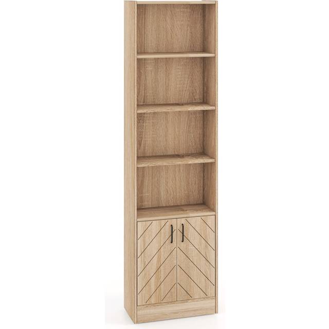 6-Tier Bookshelf 180cm Tall Bookcase w/4 Open Cubes & Double Doors Oak