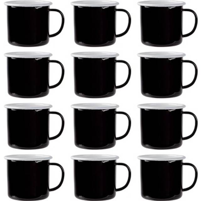 12x Coloured Enamel Mugs Metal Camping Tea Coffee Hot Drinks Cups 375ml Black
