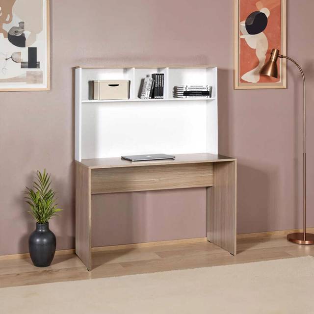 Fwstyle - Two-Tone Desk - 110cm Oak & Matt White Home Office Desk with Storage Hutch - Scratch & uv Resistant - 149cm High - Flat Pack with Easy