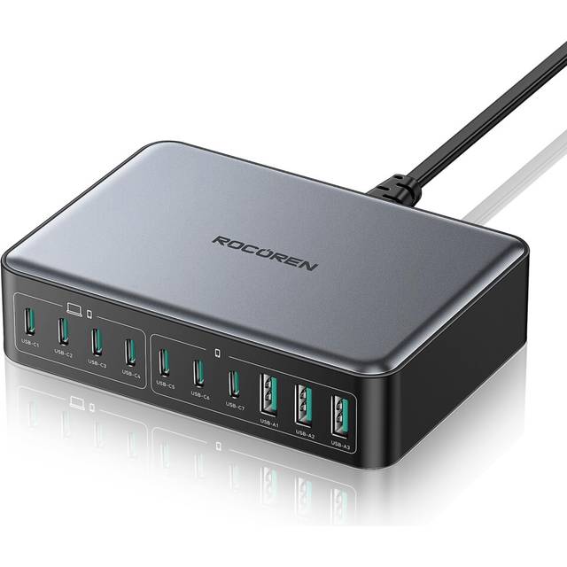 Rocoren 480W GaN USB C Charger Multiple, 10-Port PD100W QC4.0 PPS 4-Laptop Charger Station with 1.5m UK Extension Cord Compatible with MacBook, HP,